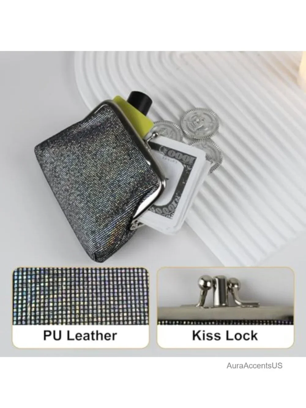 Vintage Style Kiss Lock Coin Purse Women Mini Change Pouch Faux Leather